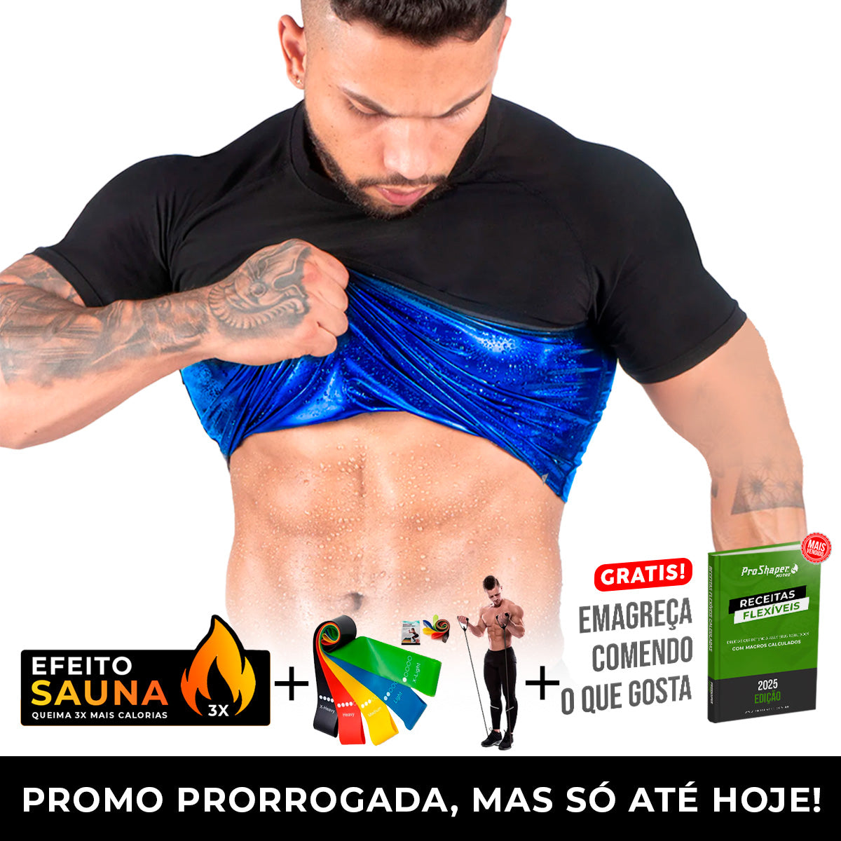 Camiseta Masculina Efeito Sauna Manga Curta + Kit Elastico + Combo Barriga zero - 3 POR 1