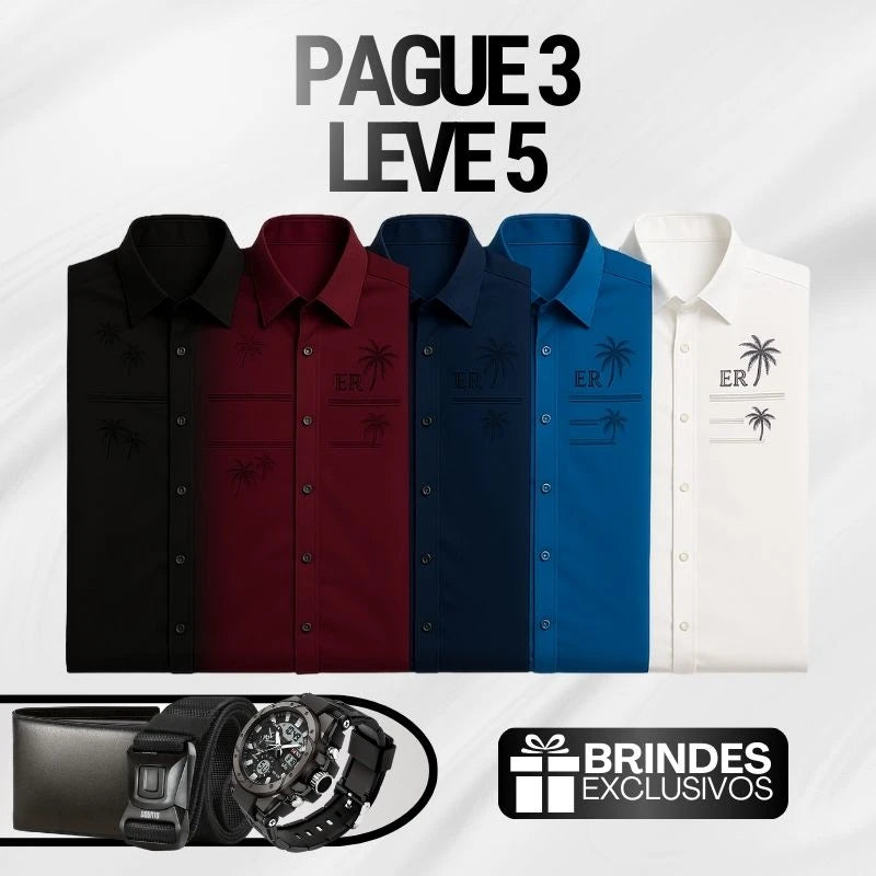 [PAGUE 3 LEVE 5] Camisa Social Masculina Rivanel + BRINDES: Cinto, Carteira e Relógio